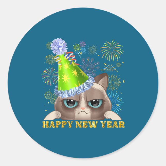 Sticker Rond Happy New Year 2026 Funny Cat New Year's Eve Hat G (Devant)