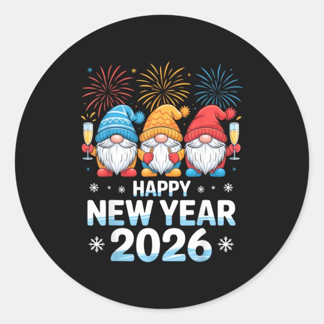 Sticker Rond Happy New Year 2026 Gnome Cute Holiday Celebration (Devant)