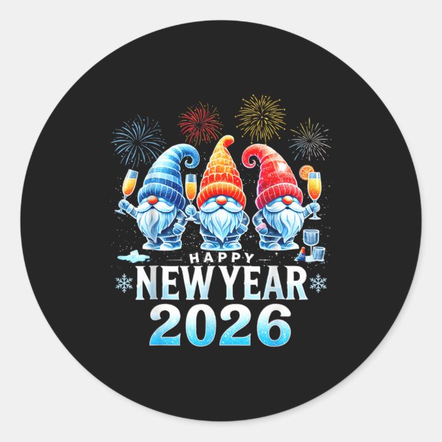Sticker Rond Happy New Year 2026 Gnomes Family Party New Years  (Devant)