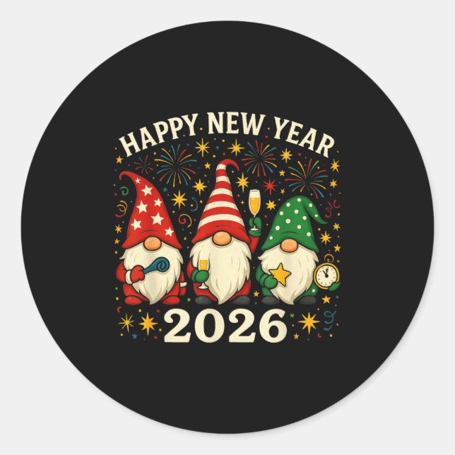 Sticker Rond Happy New Year 2026 Gnomes Fireworks Party  (Devant)