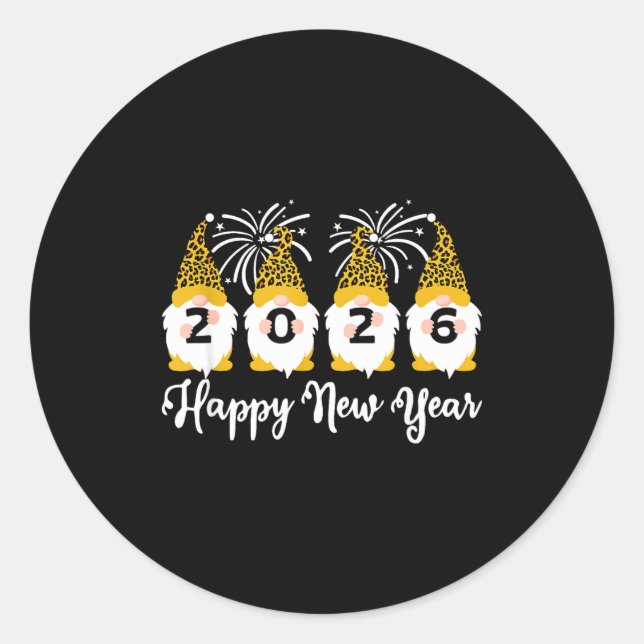 Sticker Rond Happy New Year 2026 Gnomes Leopard Print Gnomies G (Devant)