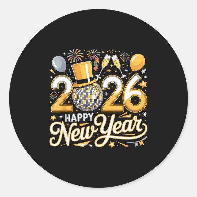 Sticker Rond Happy New Year 2026 Gold Party Celebration Gift  (Devant)