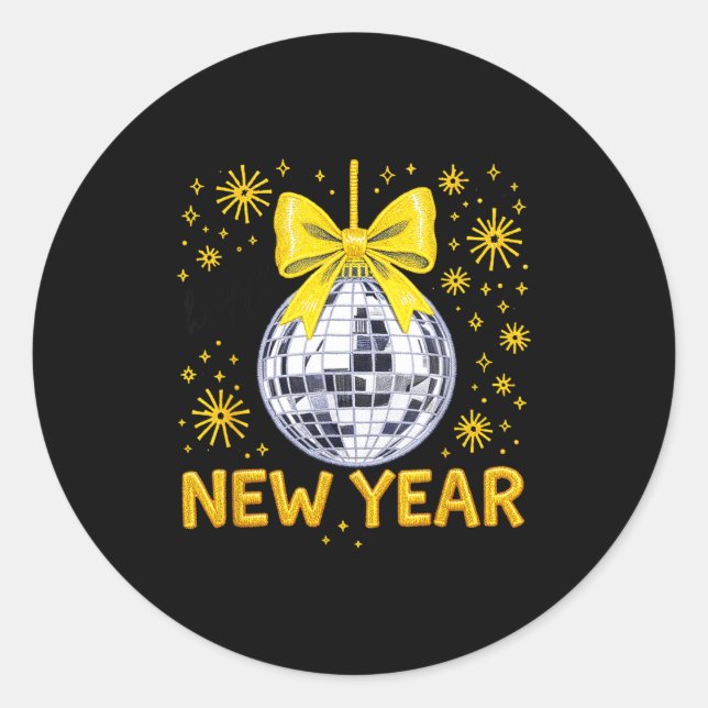 Sticker Rond Happy New Year 2026 Golden Disco Ball Bow New Year (Devant)