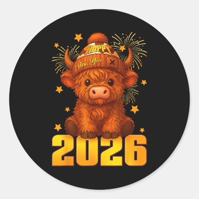 Sticker Rond Happy New Year 2026 Highland Cow &amp; Party Hat N (Devant)