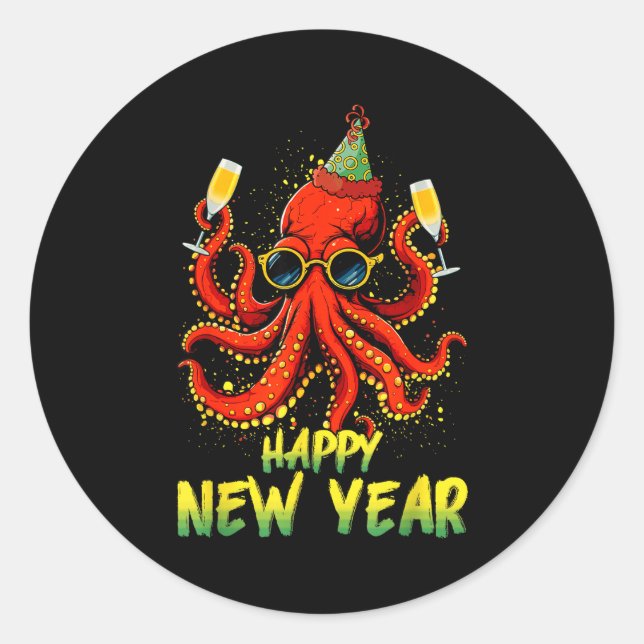 Sticker Rond Happy New Year 2026 Octopus Drinking Champagne New (Devant)