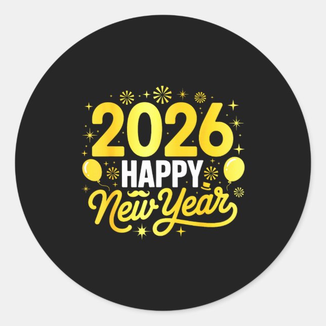 Sticker Rond Happy New Year 2026 Party Balloons Fireworks Famil (Devant)