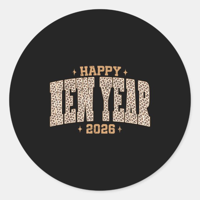 Sticker Rond Happy New Year 2026 Retro Leopard New Years Eve Pa (Devant)