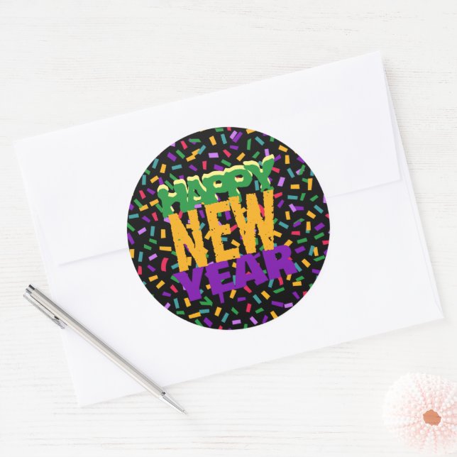 Sticker Rond happy NEW year confetty (Enveloppe)