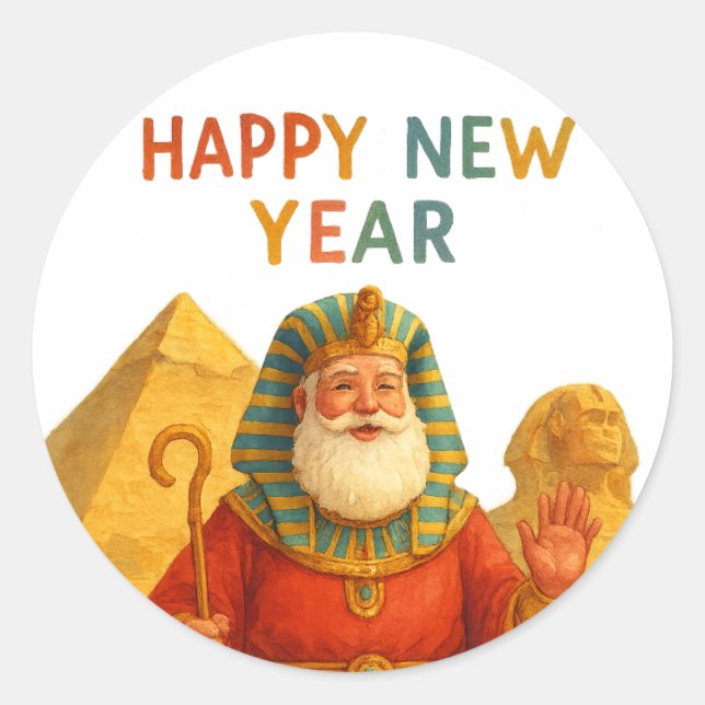 Sticker Rond Happy New Year Egyptian Santa Pharaoh Funny art  (Devant)