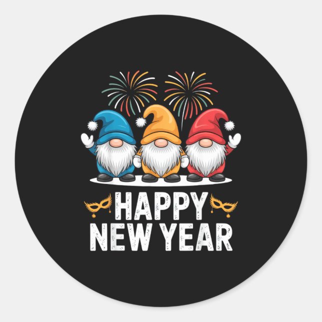 Sticker Rond Happy New Year Gnomes For Party Lovers And Festive (Devant)
