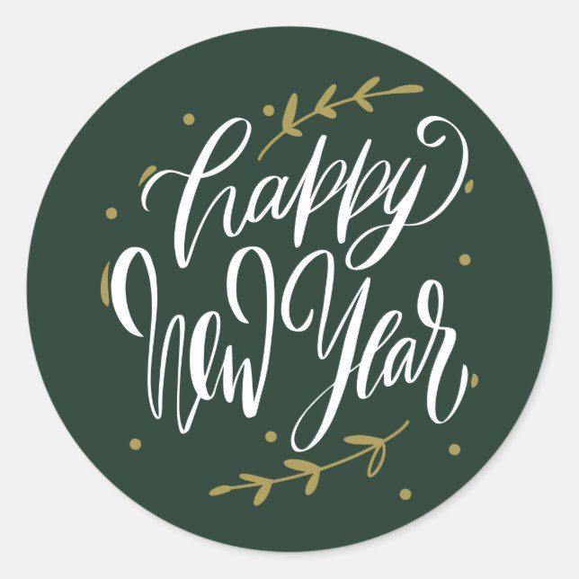 Sticker Rond Happy New Year Modern Calligraphy Wreath Green (Devant)
