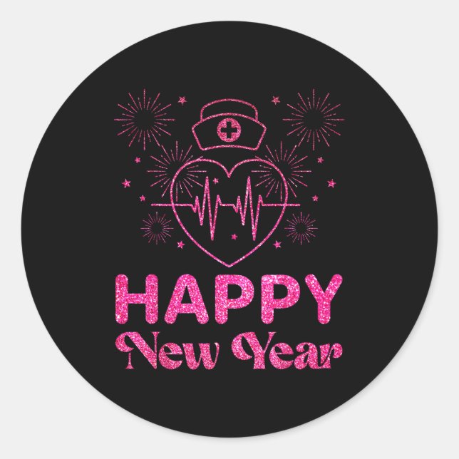 Sticker Rond Happy New Year Nurse Crew Heartbeat New Years Eve  (Devant)