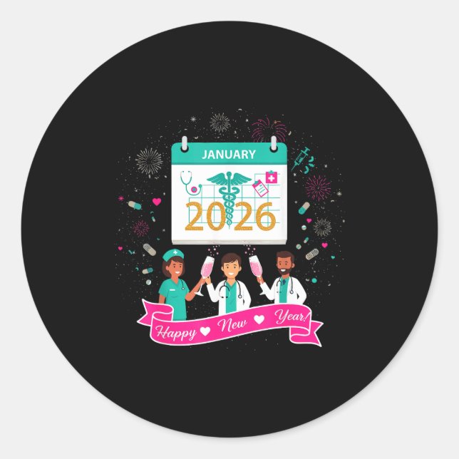 Sticker Rond Happy New Year Nurse Shirt; Cute Medical Staff 202 (Devant)