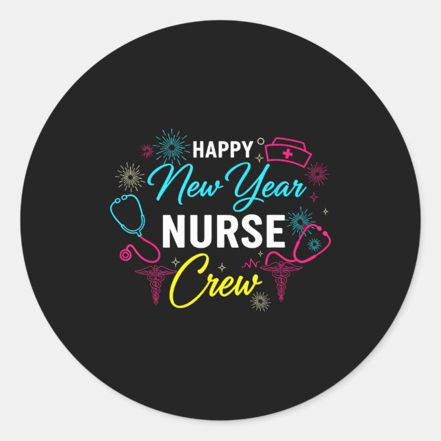 Sticker Rond Happy New Year Nurse Shirt, Fireworks Stethoscope  (Devant)
