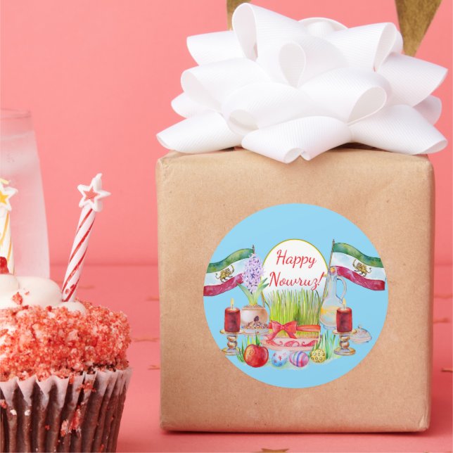 Sticker Rond Happy Norooz Haft Sin with Lion and Sun Flags (Fête)