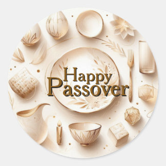 Sticker Rond Happy Passover Seder Plate - Modern Luxury Beige 
