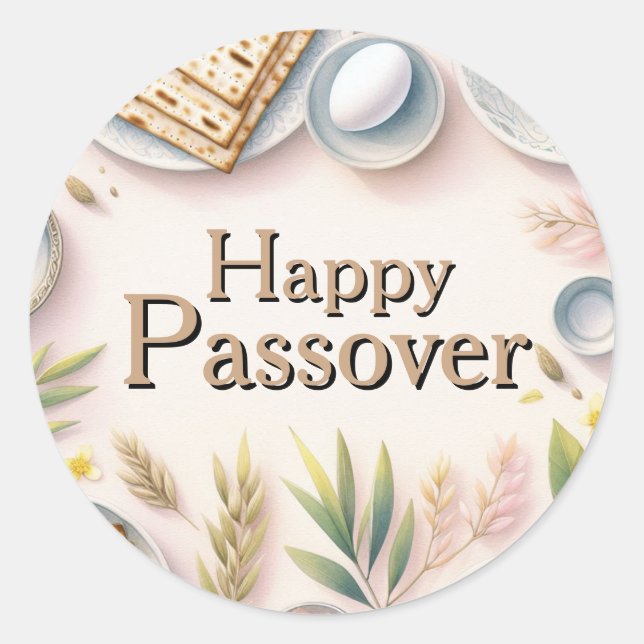 Sticker Rond Happy Passover Seder Plate - Watercolor Floral (Devant)