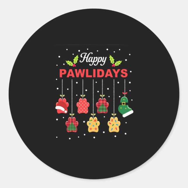Sticker Rond Happy Pawlidays Funny Christmas Dog Paw Xmas Dogs  (Devant)