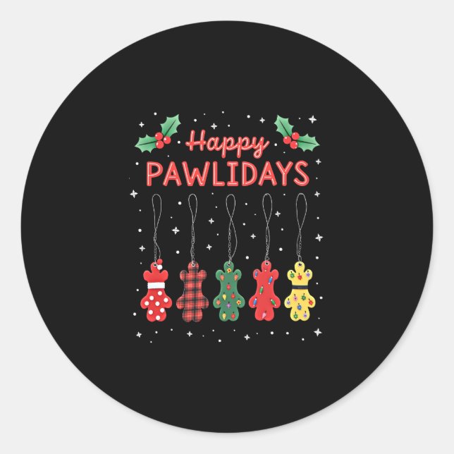 Sticker Rond Happy Pawlidays Funny Christmas Dog Paw Xmas Dogs  (Devant)