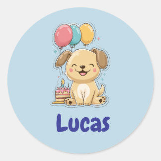Sticker Rond Happy Puppy, Boy, Personalized Birthday 