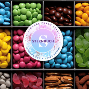 Sticker Rond Happy Purim Aquarelle Parties scintillant Blue Mon