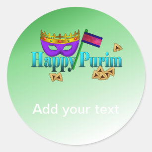 Sticker Rond Happy Purim avec Masque, Gragger et Hamentaschen