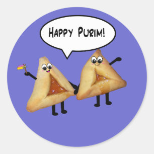 Sticker Rond Happy Purim Cute Smiling Hamentaschen Cartoon