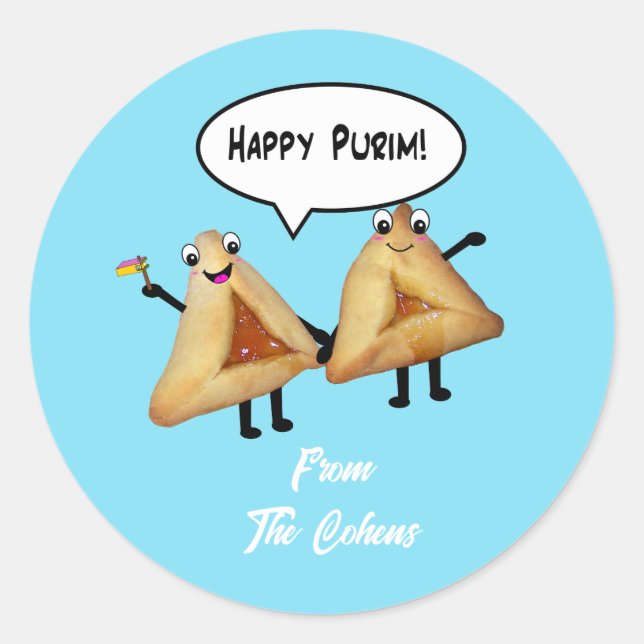Sticker Rond Happy Purim Cute Smiling Hamentaschen Cartoon (Devant)