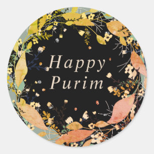 Sticker Rond Happy Purim feuille fleurie wreath collant juif