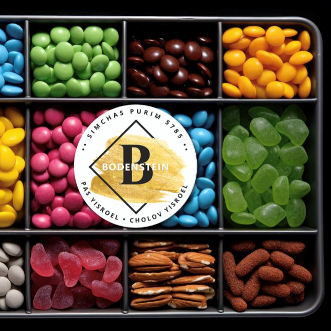 Sticker Rond Happy Purim - Kosher Info Monogram Gold Swash (Créateur téléchargé)