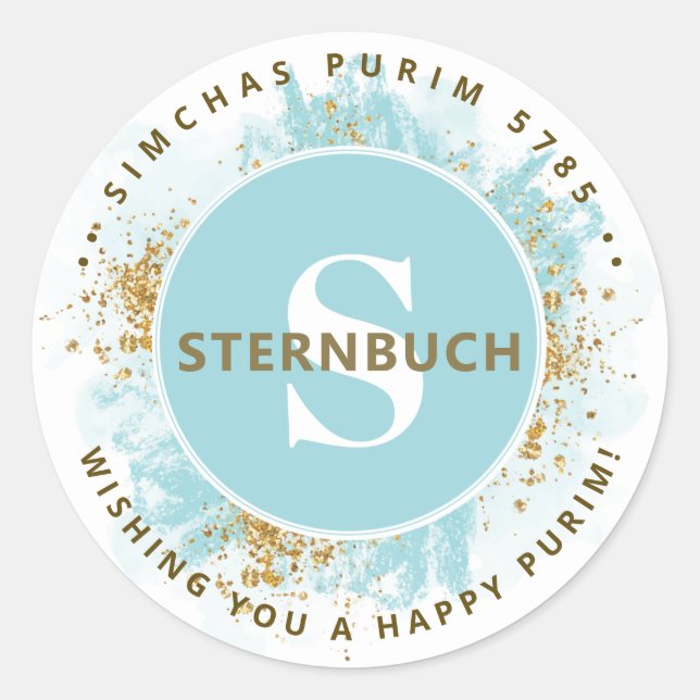 Sticker Rond Happy Purim Parties scintillant aquarelle bleu Mon (Devant)