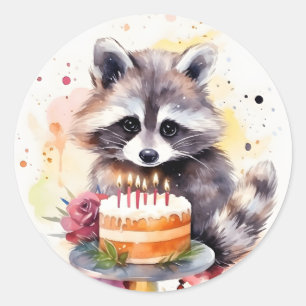 Sticker Rond Happy Raccoon avec gâteau d'anniversaire