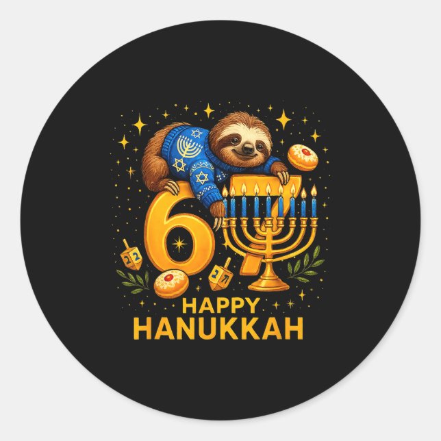 Sticker Rond Happy Six Seven Hanukkah Funny Meme Menorah Sloth  (Devant)