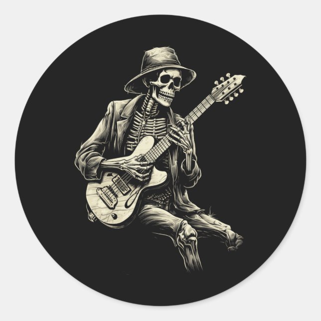 Sticker Rond Happy Skeleton Guitar Guy Éffrayant Halloween Rock (Devant)