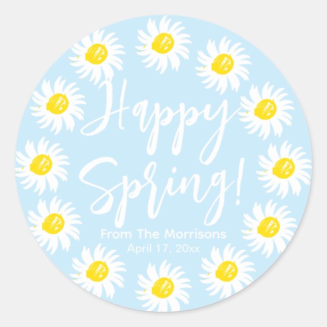 Sticker Rond Happy Spring pâle marguerites bleu cadre script pe (Devant)