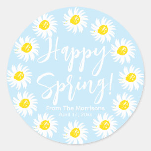 Sticker Rond Happy Spring pâle marguerites bleu cadre script pe
