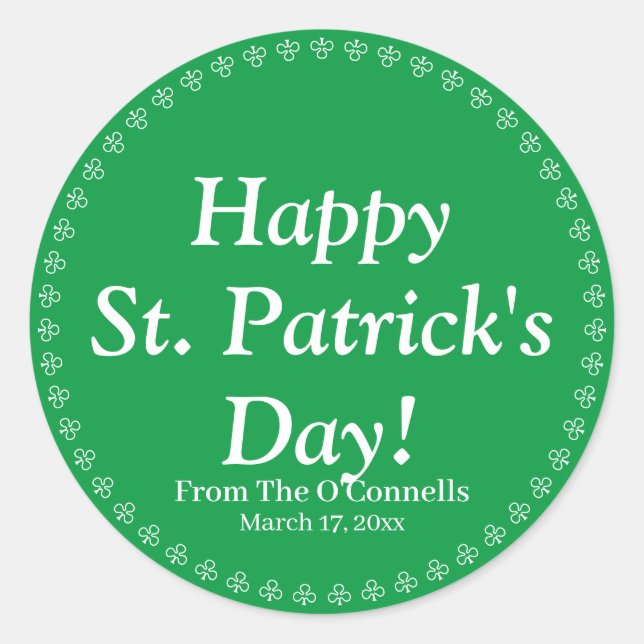 Sticker Rond Happy St. Patrick's Day green custom text clover (Devant)