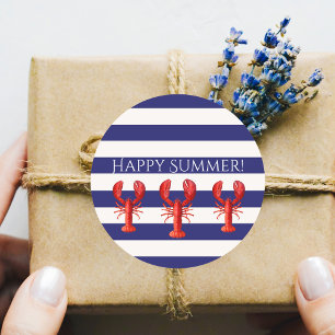 Sticker Rond Happy Summer bleu rayures rouges homards
