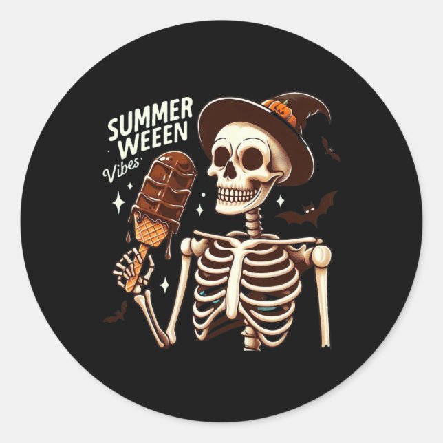 Sticker Rond Happy Summerween Vibes Skeleton Ice Cream été H (Devant)