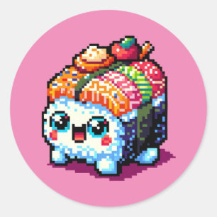 Sticker Rond Happy Sushi Roll - Cute Pixel Art Japonais Nourrit