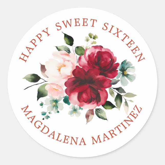 Sticker Rond Happy Sweet sixteen Floral Custom Enveloppe Sceau (Devant)