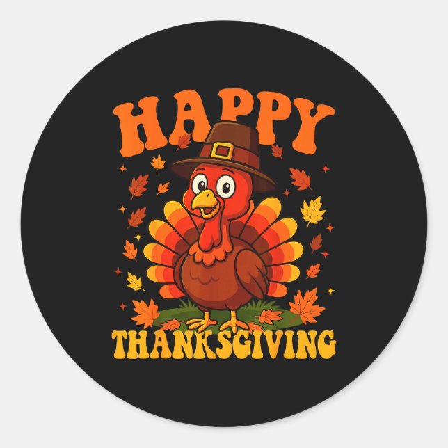 Sticker Rond Happy Thanksgiving Cute Turkey Family Dinner Thank (Devant)