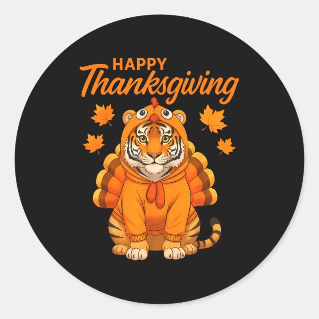 Sticker Rond Happy Thanksgiving Tiger Women Boys Girls Kids Out (Devant)