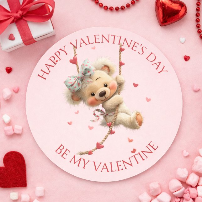 Sticker Rond Happy Valentine’s Day Bear – Be My Valentine Heart (Créateur téléchargé)