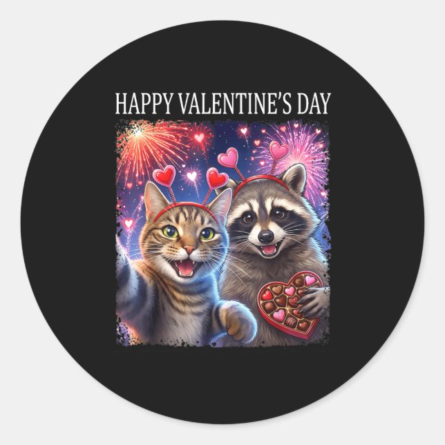 Sticker Rond Happy Valentines 2026 Cute Cat Raccoon Party Art  (Devant)