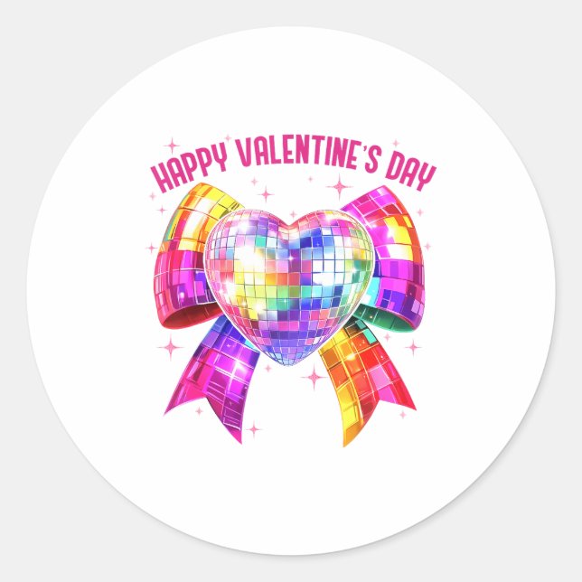 Sticker Rond Happy Valentine's Day Coquette Disco Ball Heart Gi (Devant)