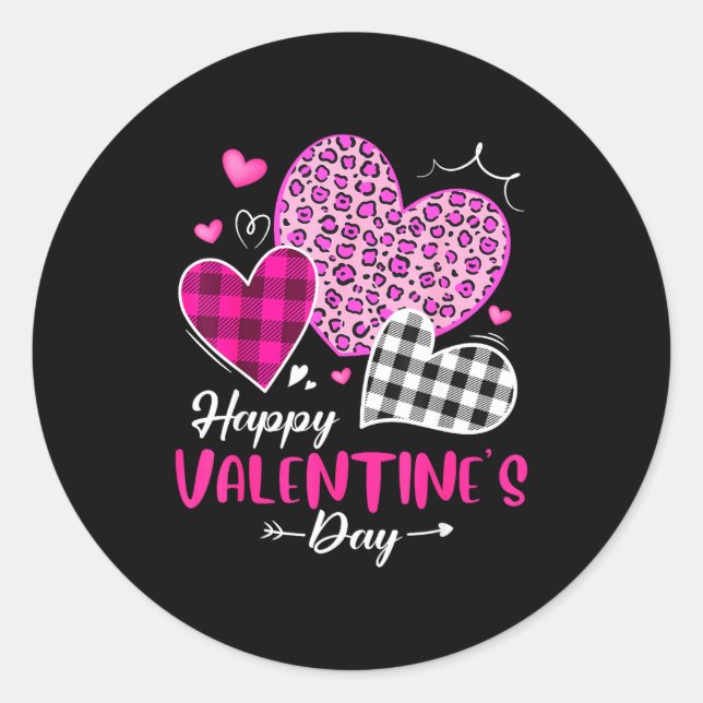 Sticker Rond Happy Valentine's Day Leopard And Plaid Hearts Gir (Devant)