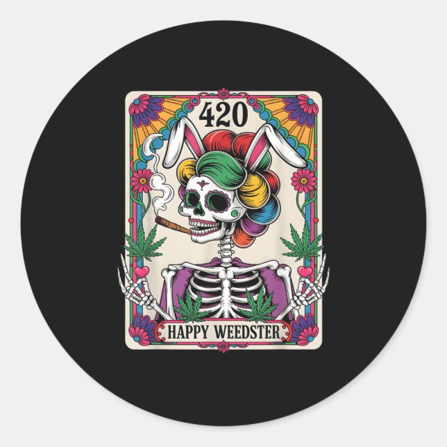 Sticker Rond Happy Weedster Easter Skeleton Fumer Weed Tarot (Devant)