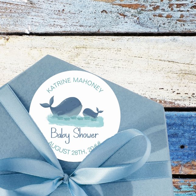 Sticker Rond Happy Whale Personnalisé Baby shower Garçon (Whale baby shower stickers from my Happy Whale collection. Message if you need different items.)