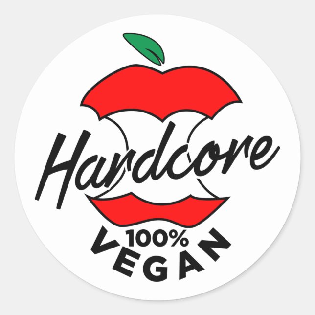 Sticker Rond Hard Core Vegan, Apple Core Vegan, hardcore Vegan (Devant)
